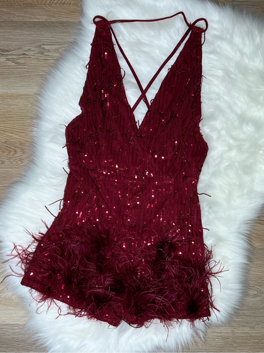 Red Sequin & Feather Trim V-Neck Romper